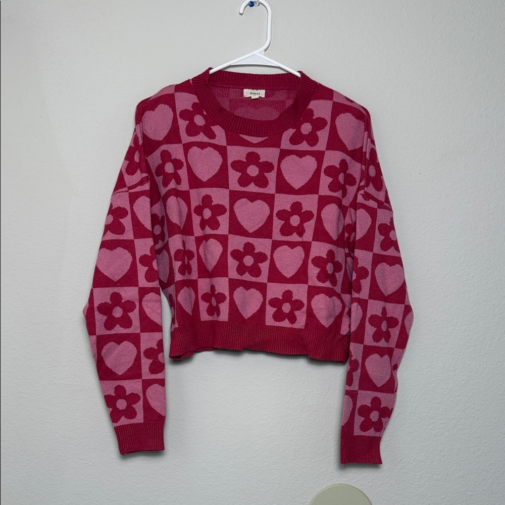 debut Pink and Dark Pink Heart & Flower Crewneck Sweater